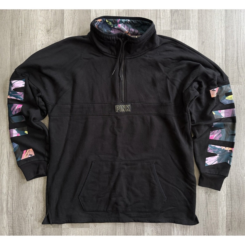 Pink Victoria Secret Sweatshirt Oversized Black 1/4 Zip Tropical Logo Medium - Picture 2 of 16